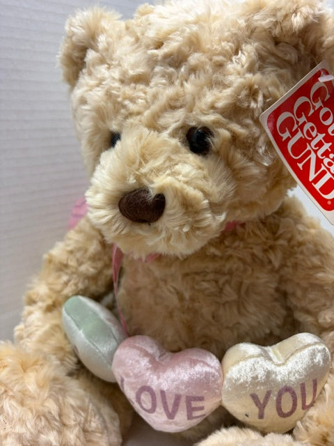 Gund Plush Candy Hearts Bear Holds String of Hearts That Say I Love You 21"