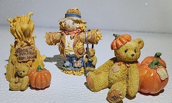 Cherished Teddies 1996 Mini Figurine Set of 3 A Pumpkin, Cornstalk, and a�Scarec image 0