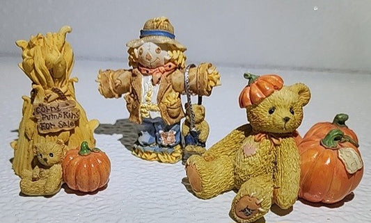 Cherished Teddies 1996 Mini Figurine Set of 3 A Pumpkin, Cornstalk, and a�Scarec image 0