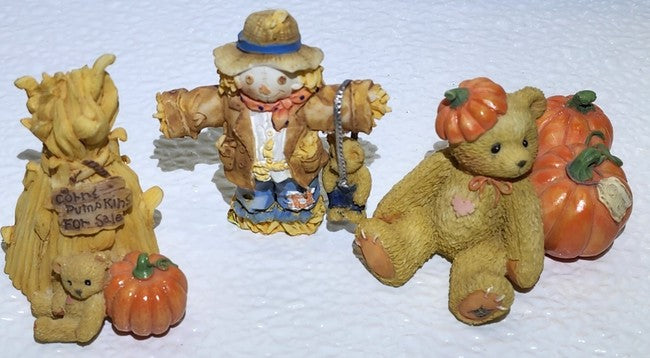 Cherished Teddies 1996 Mini Figurine Set of 3 A Pumpkin, Cornstalk, and a�Scarec image 4