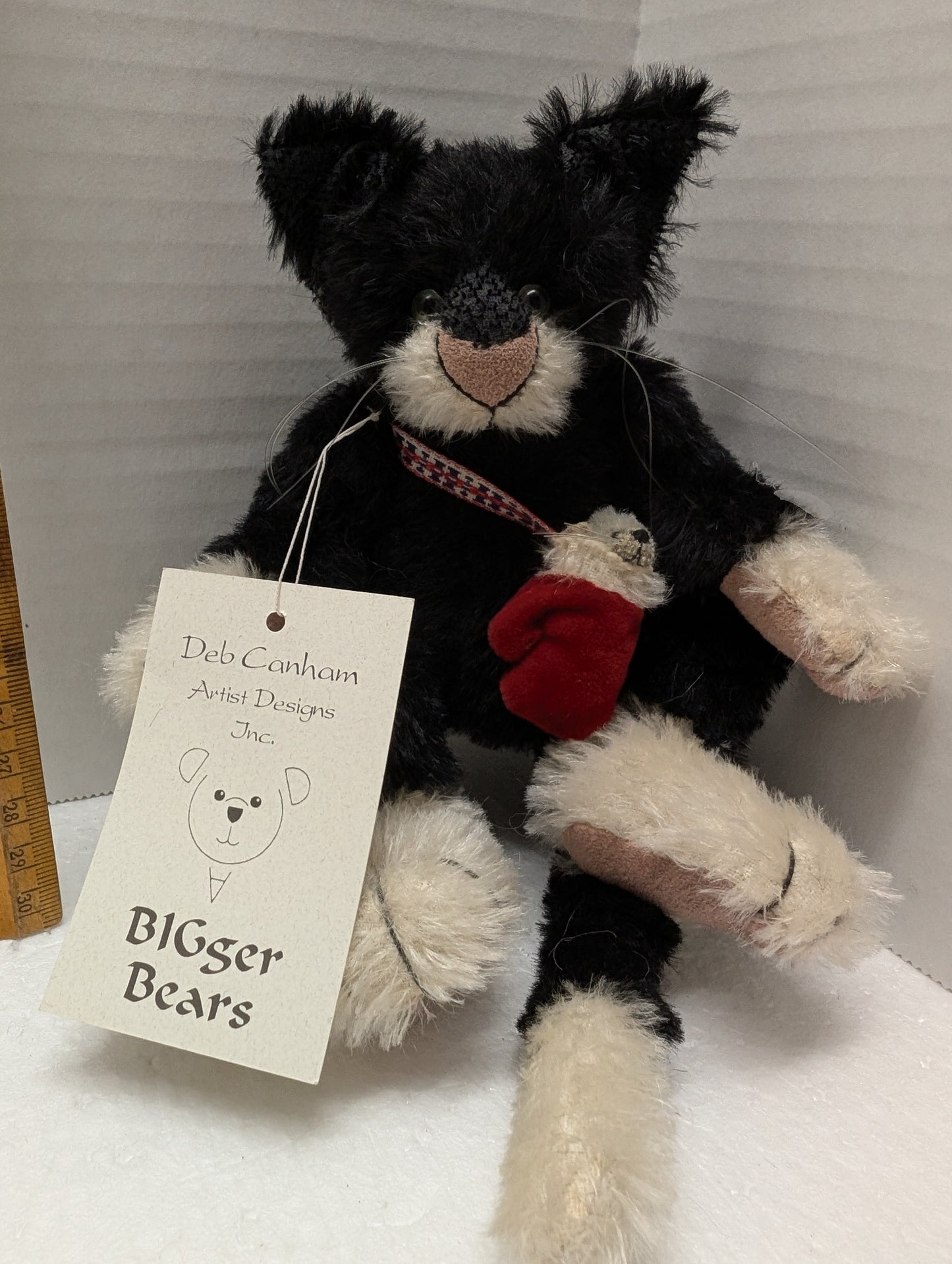 Deb Canham  Mohair Cat Phat Cat Collectible 5" Sitting with mouse in  Mitten image 4