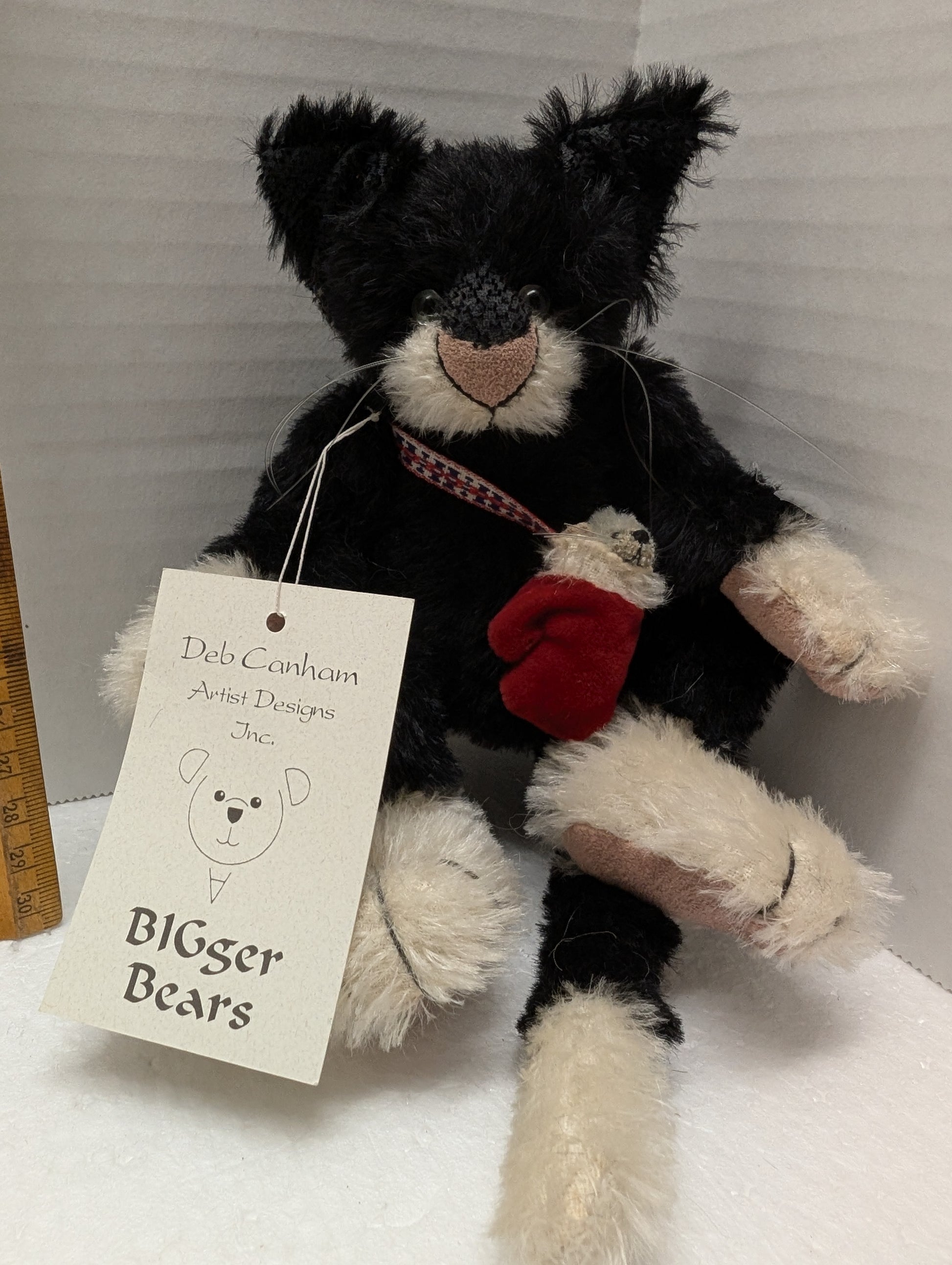 Deb Canham  Mohair Cat Phat Cat Collectible 5" Sitting with mouse in  Mitten image 4
