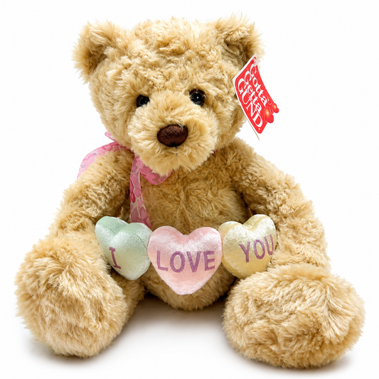Gund Plush Candy Hearts Bear Holds String of Hearts That Say I Love You  21"