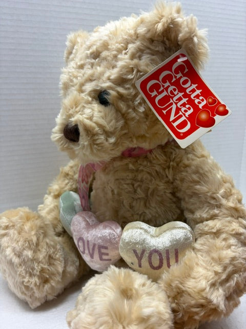 Gund Plush Candy Hearts Bear Holds String of Hearts That Say I Love You  21"
