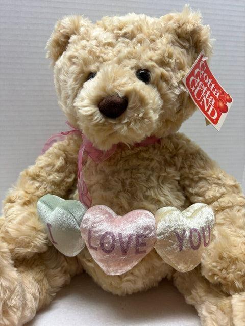 Gund Plush Candy Hearts Bear Holds String of Hearts That Say I Love You  21"