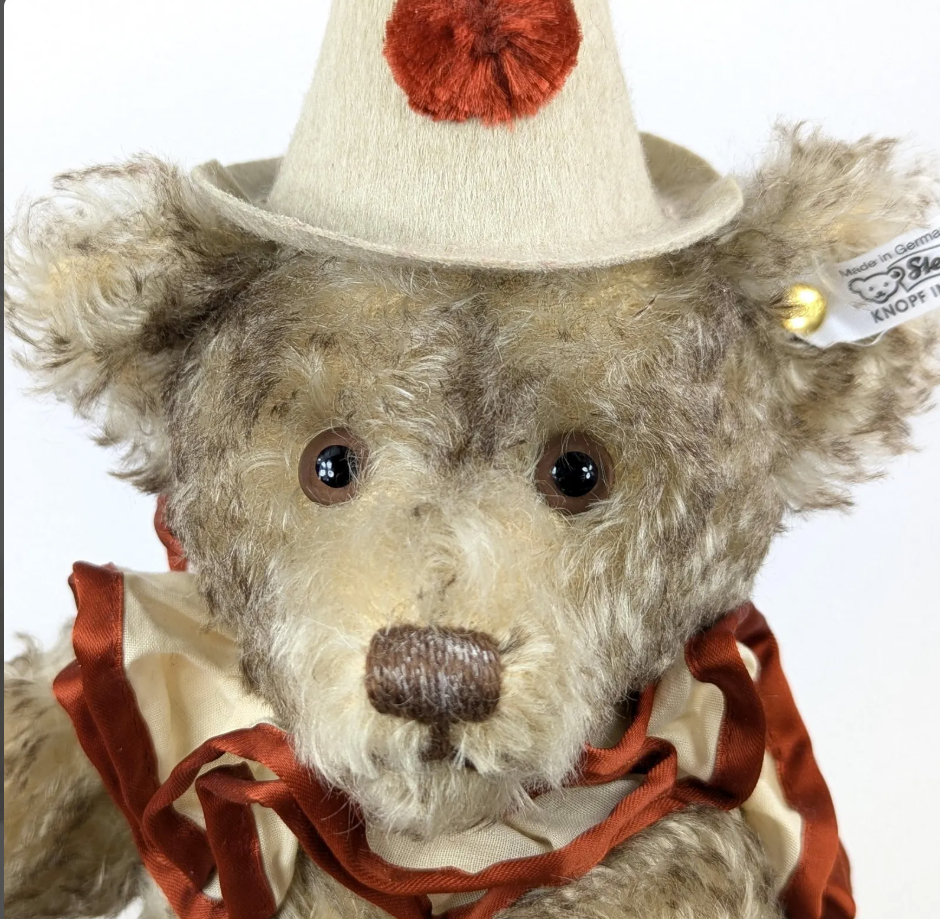 Steiff Teddy Clown Replica 1926 32 cm Brown Tipped Mohair with clown hat and Ruffled Collar