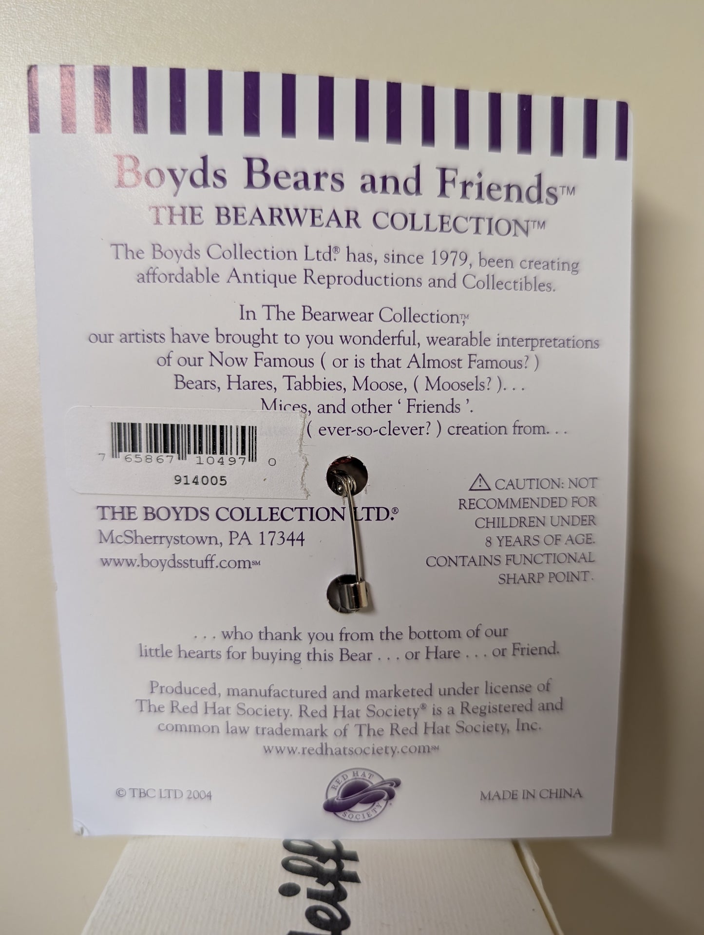 Boyds Pin Bearwear Red Hat Society  Fabric Pin  914005 image 1