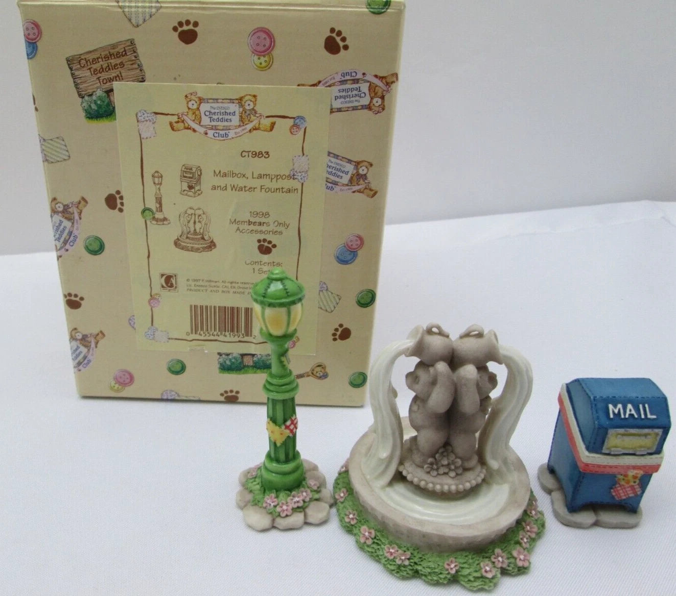 Cherished Teddies Members Only Accessories 1998 Mail Box, Lamp Post, Water Fount image 4
