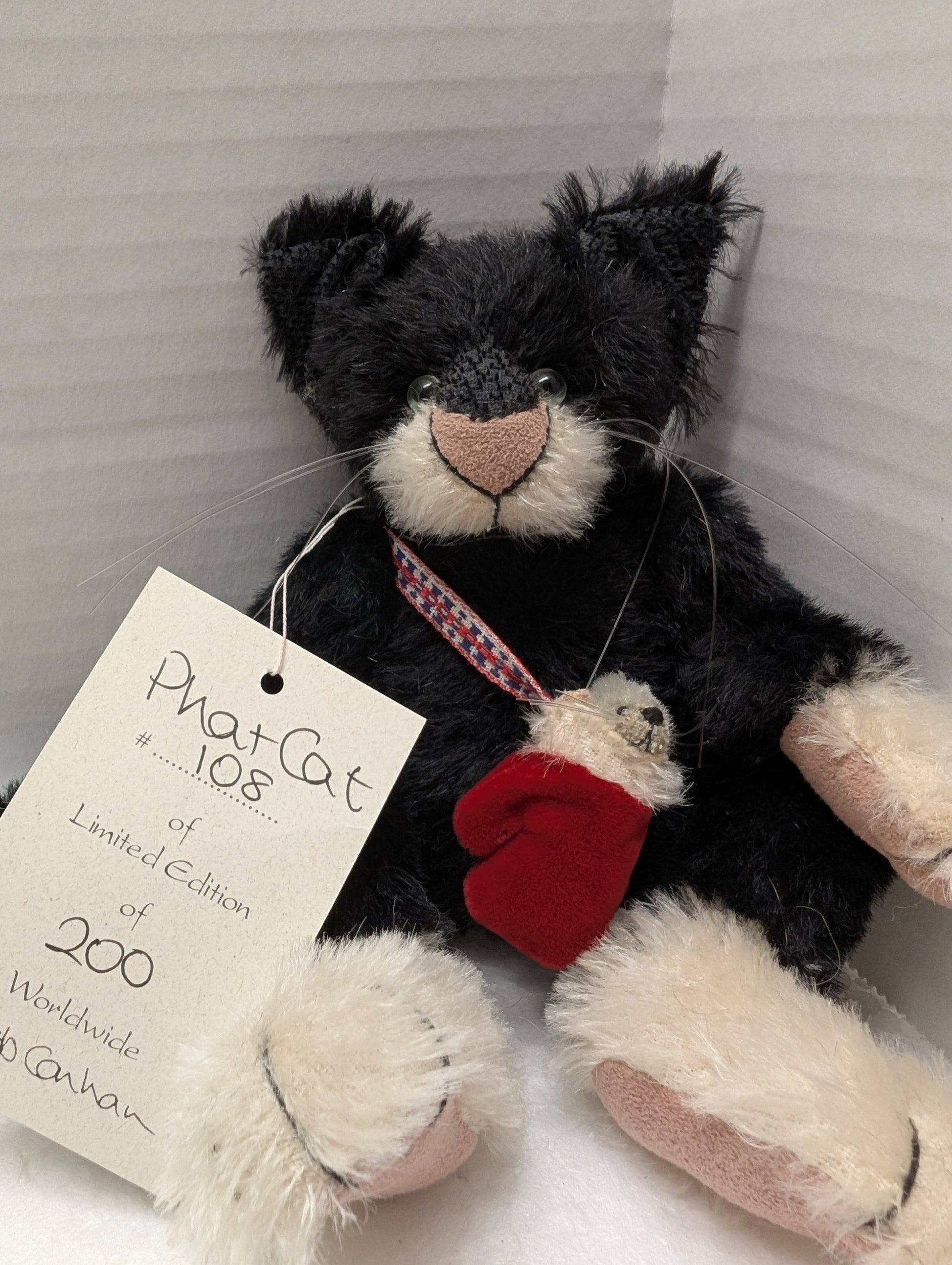 Deb Canham  Mohair Cat Phat Cat Collectible 5" Sitting with mouse in  Mitten image 0