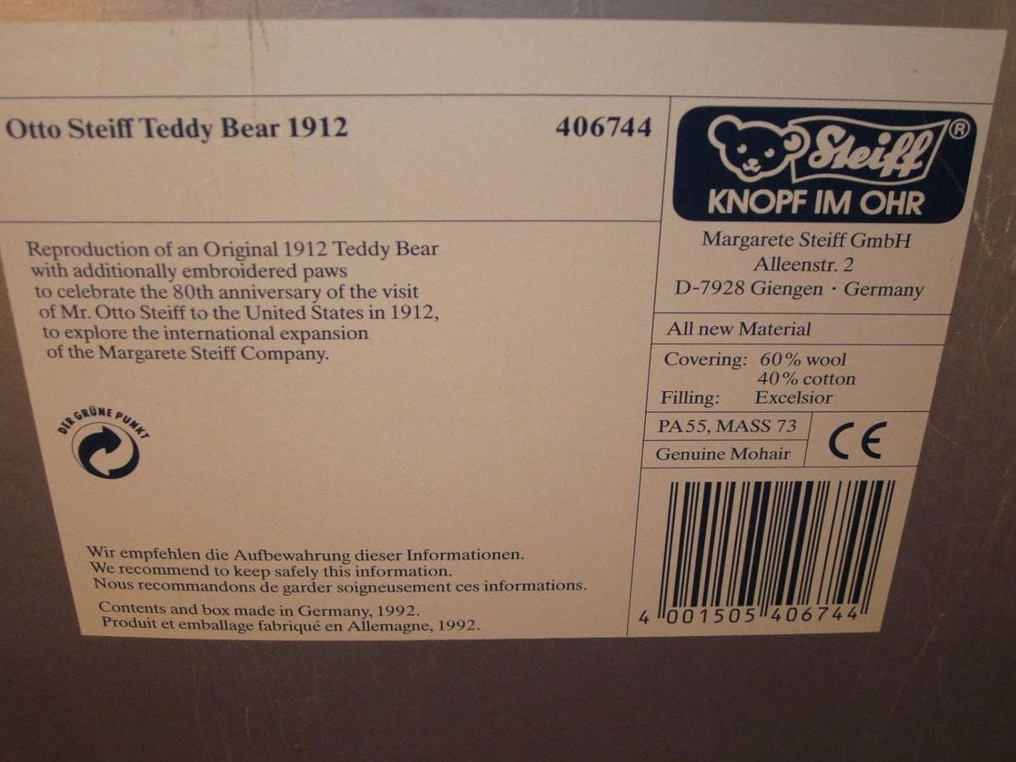 Steiff Otto Teddybaer Replica 1912 Ltd Ed 5000 EAN 406744 USA Exclusive image 1