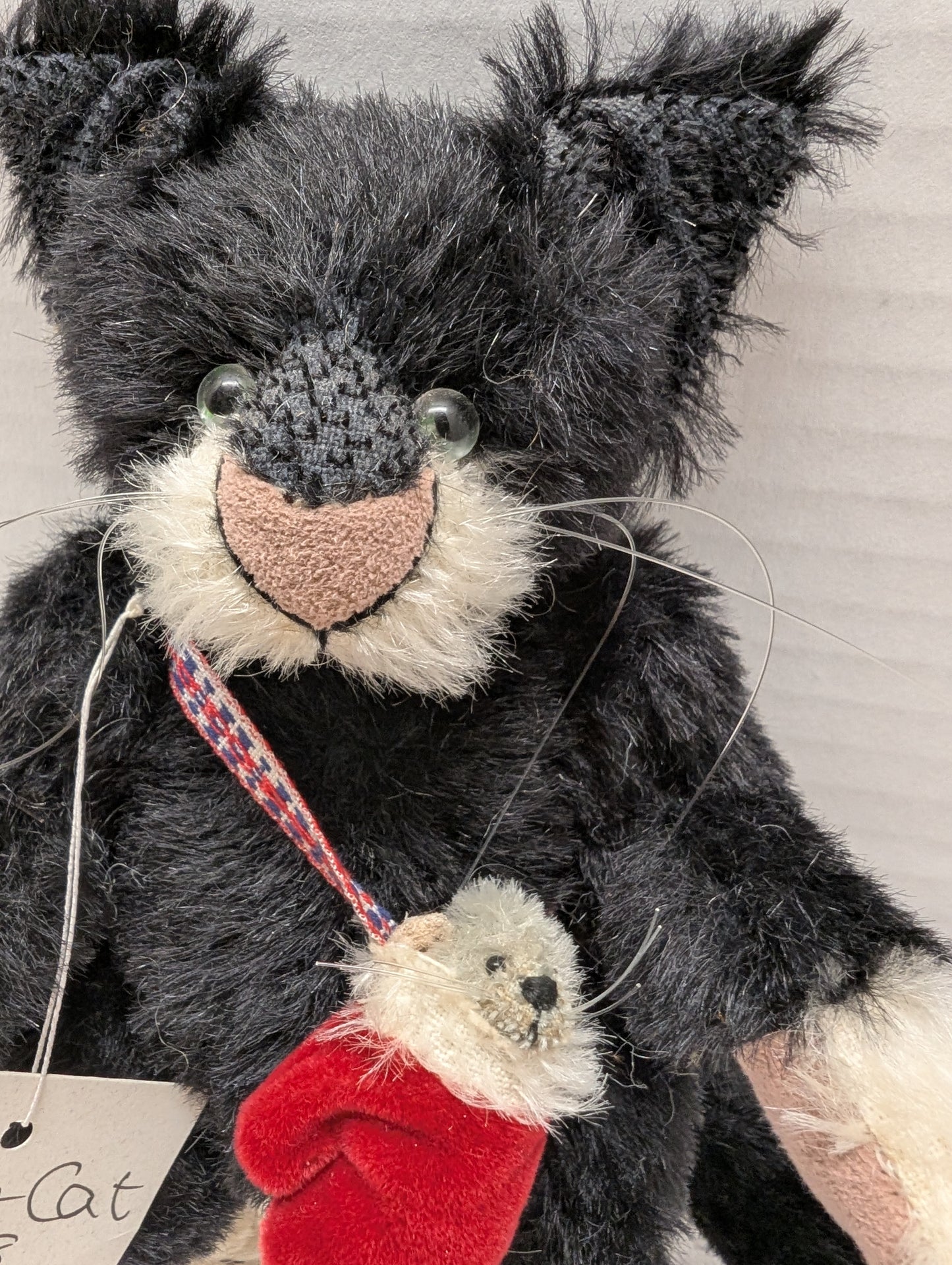 Deb Canham  Mohair Cat Phat Cat Collectible 5" Sitting with mouse in  Mitten image 1