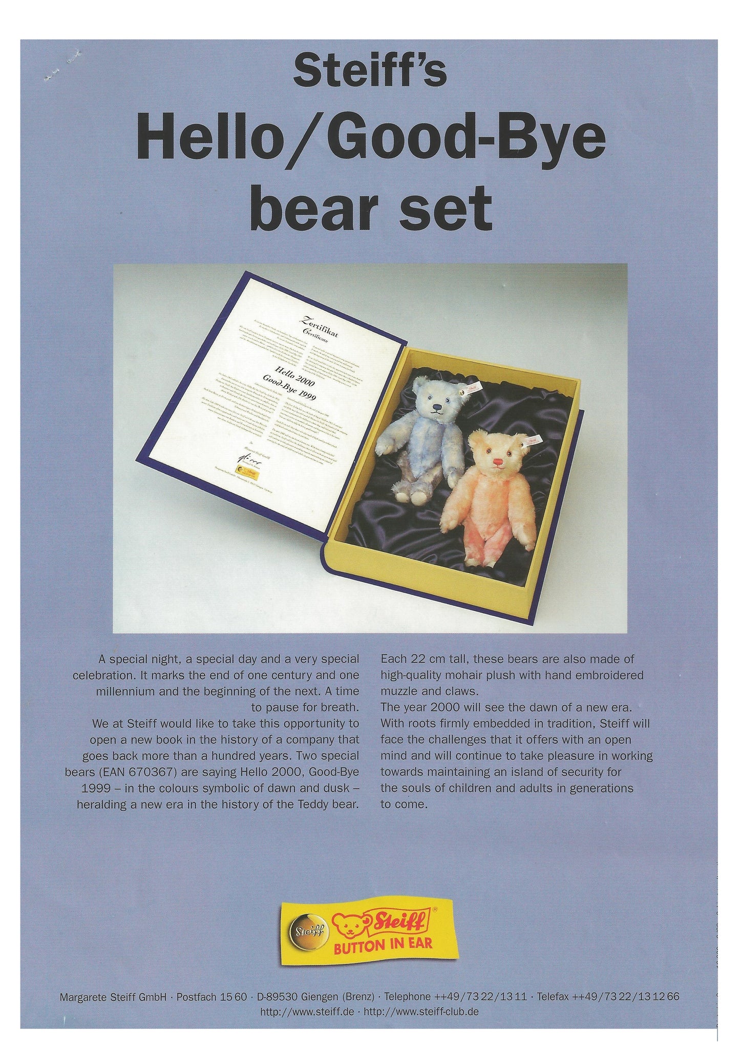 Steiff Hello Goodbye Bear. Hello 2000 GoodBye 1999 670367 image 1