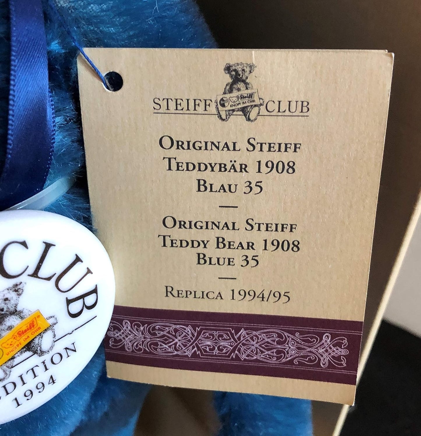 Steiff 1994 Club Edition #420047  Replica of 1908 Blue Bear image 4